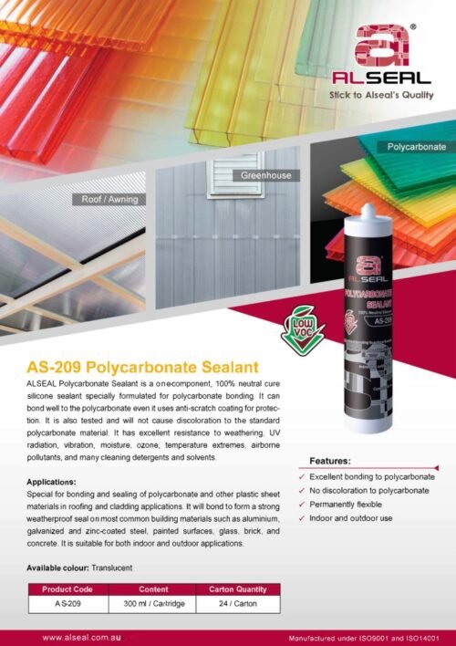 A poster featuring Alseal's Polycarbonate Sealant. The design includes product details, highlighting the sealant's features such as excellent bonding to polycarbonate, resistance to weathering and UV radiation, and its suitability for various building materials. The poster indicates that the sealant is available in a translucent color and provides information on packaging quantities.