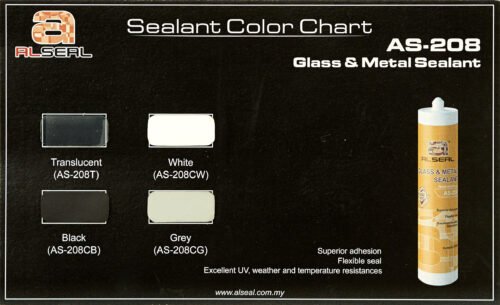 A rectangular black label featuring white text that includes the title "Sealant Color Chart" followed by various product names and descriptions related to sealants, including their colors and features. The bottom of the label displays a website link.