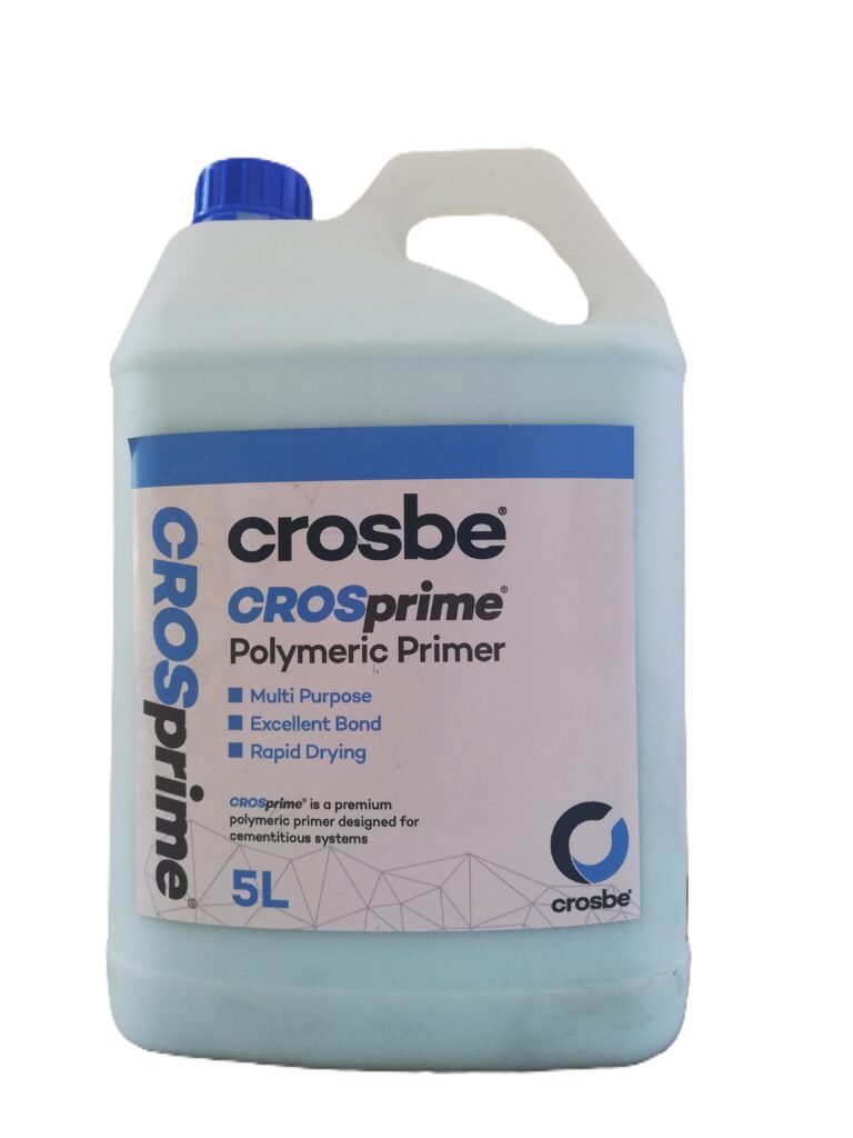 Container of Crosbe Crosprime Polymer Primer, 5 liters, with labels indicating it is multi-purpose, has excellent bond qualities, and features rapid drying properties.
